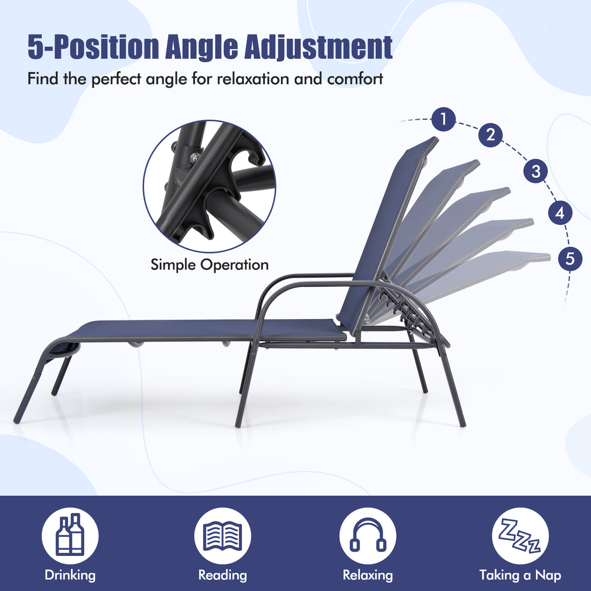 Adjustable Patio Chaise Folding Lounge Chair with Backrest