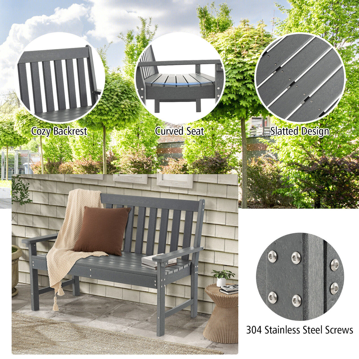 52 Inch All-Weather HDPE Outdoor Bench with Backrest and Armrests