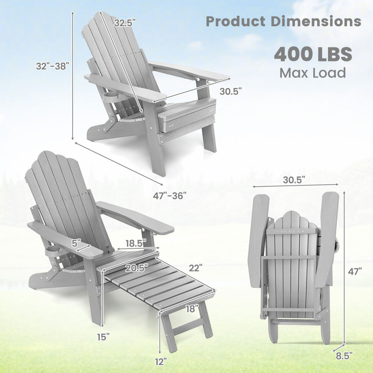 All-Weather HIPS Patio Adirondack Lounge Chair with Retractable Footrest