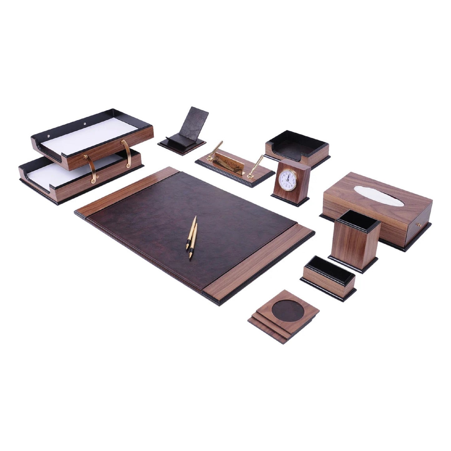 MOOG Prestige Wood Desk Set 12PCS-Black Office Product-Set-Leather Desk Organizer-Combination-Best Gift-Leather Desk Set-Customizable Blotter Pad- 12 PCS