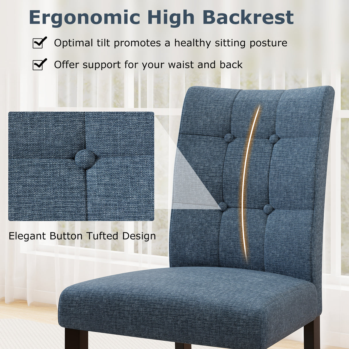 Set of 2 Tufted Dining Chairs Armless with Rubber Wood Legs-Dark Blue
