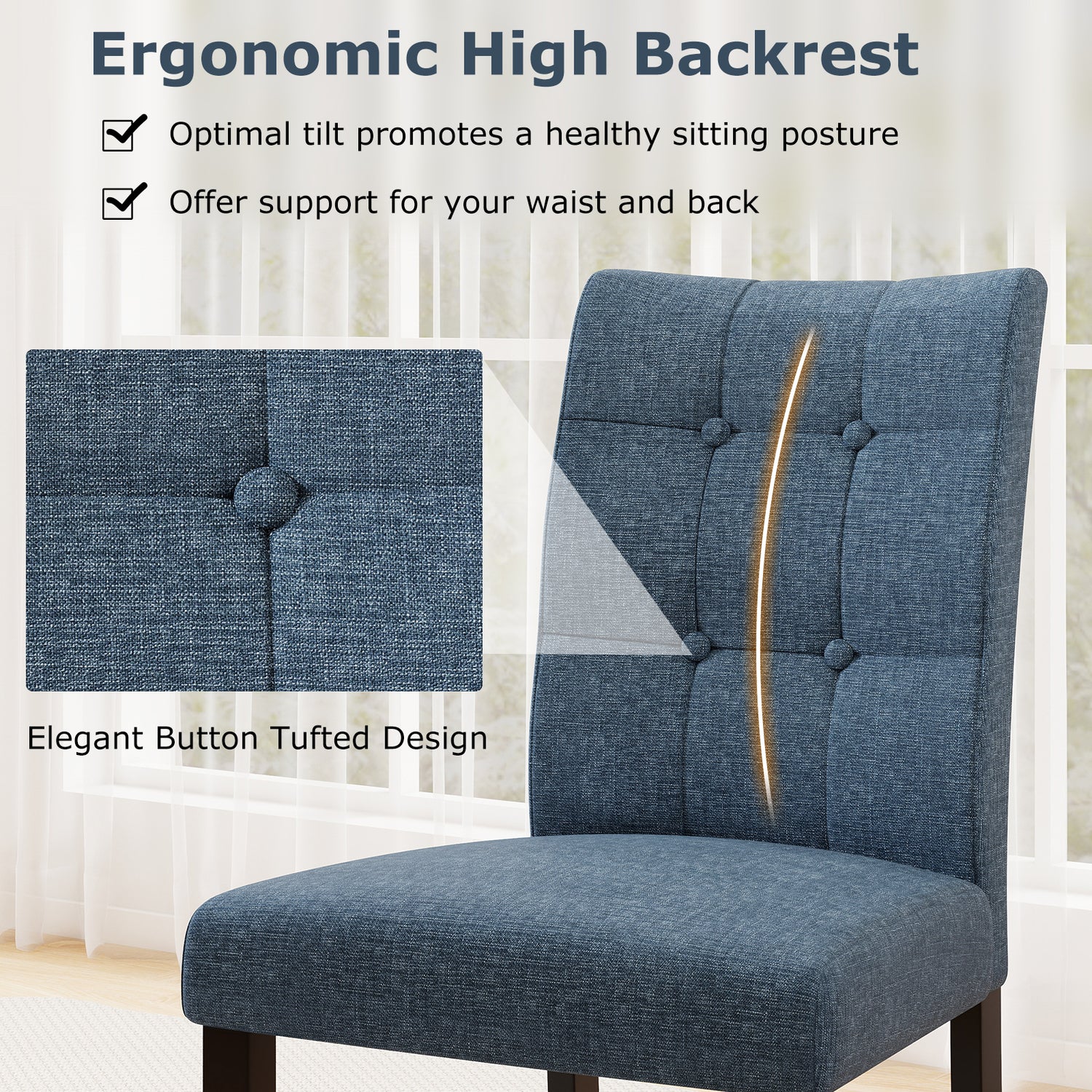 Set of 2 Tufted Dining Chairs Armless with Rubber Wood Legs-Dark Blue