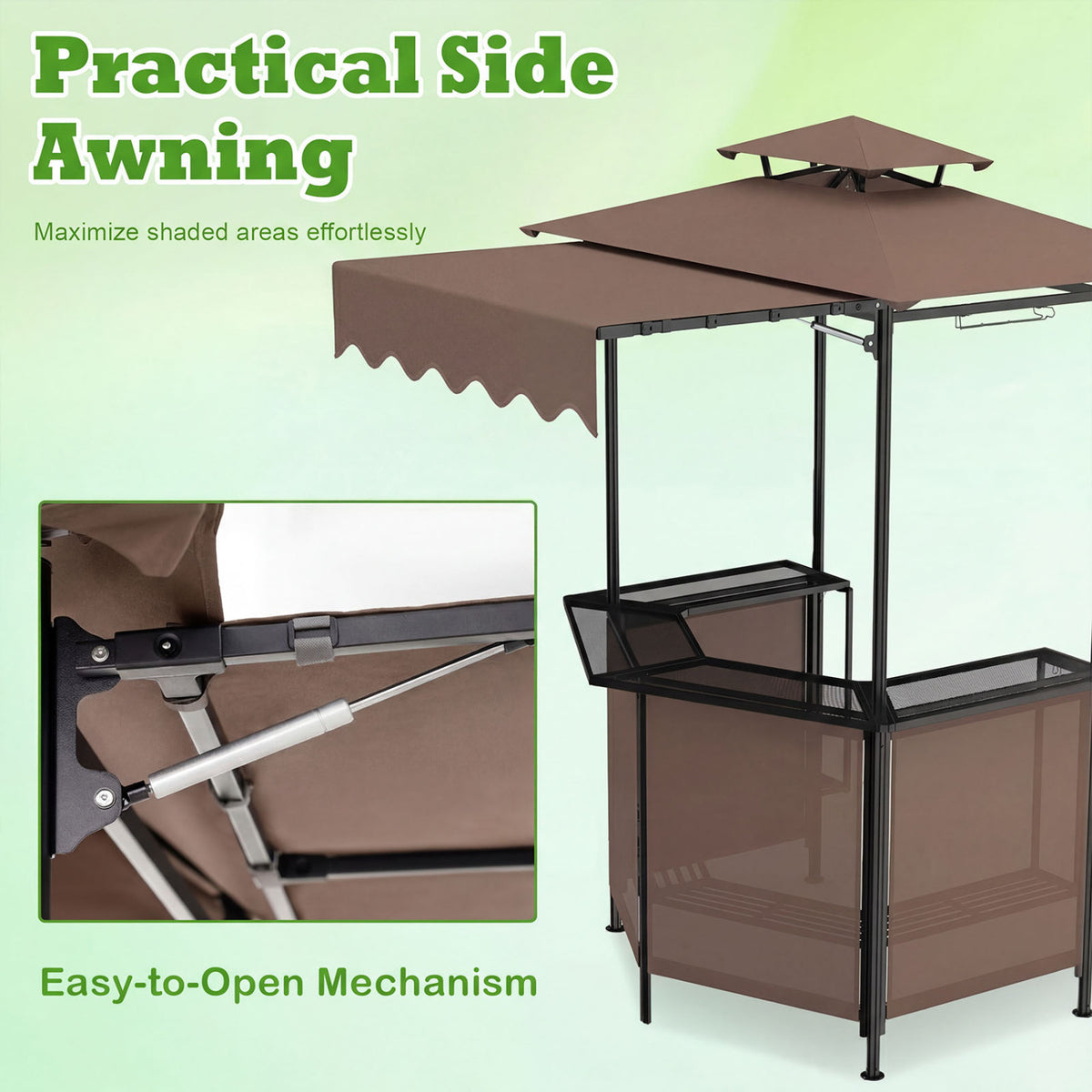 BBQ Gazebo Canopy with 4 Slatted Metal Shelves 6 Hanging Hooks and 2-Row Glass Holders