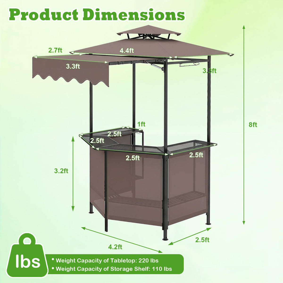 BBQ Gazebo Canopy with 4 Slatted Metal Shelves 6 Hanging Hooks and 2-Row Glass Holders