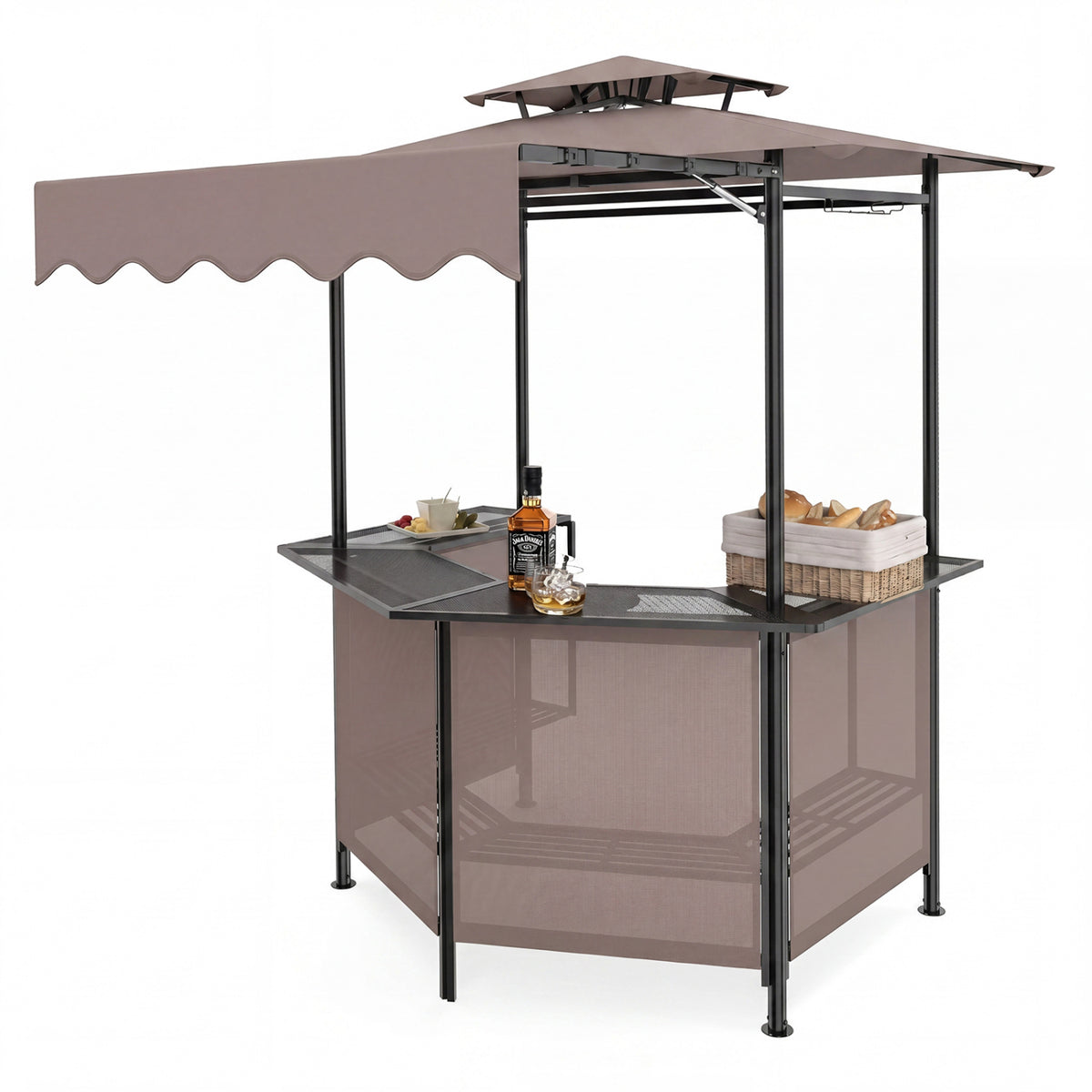 BBQ Gazebo Canopy with 4 Slatted Metal Shelves 6 Hanging Hooks and 2-Row Glass Holders