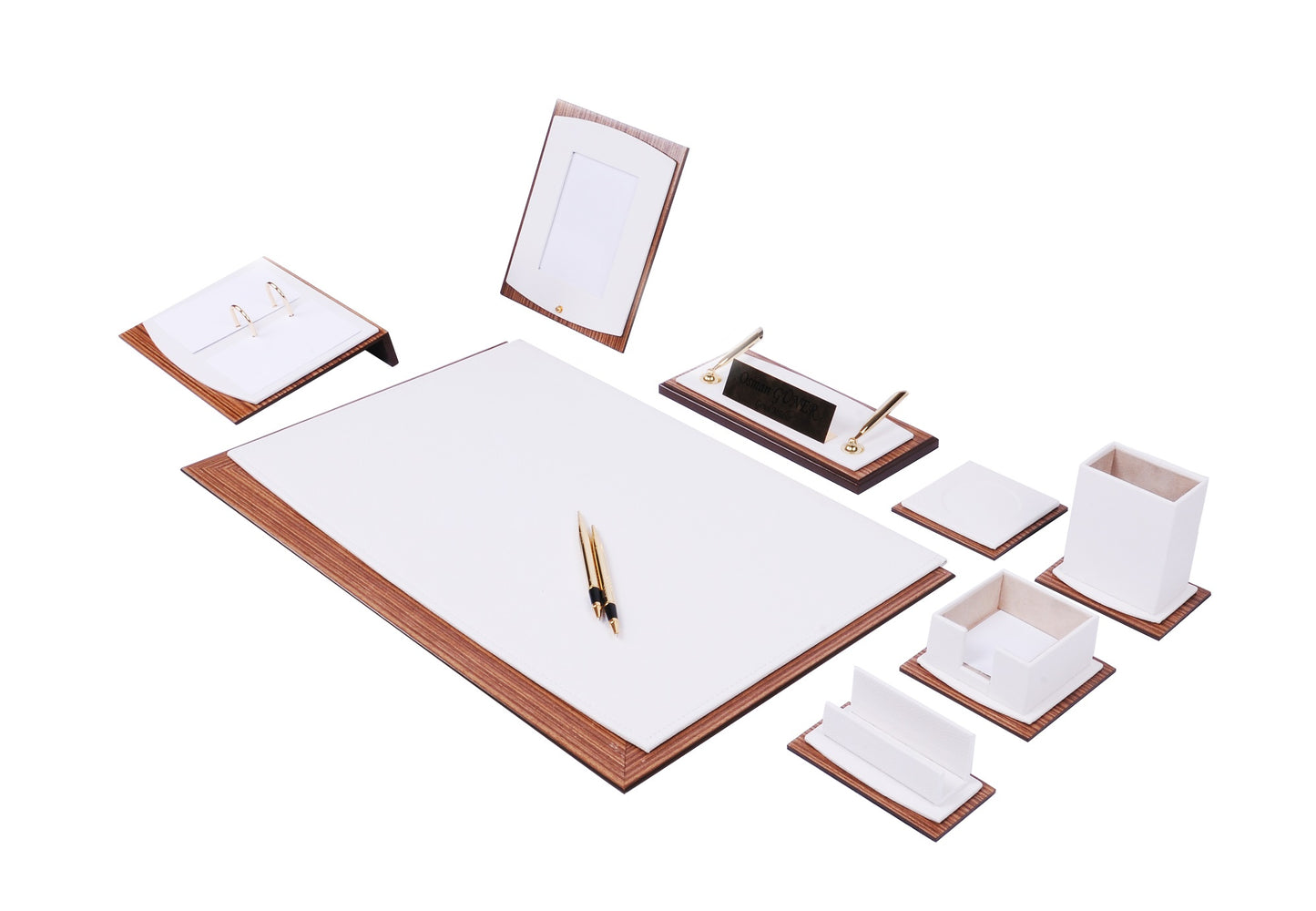 MOOG Star Leather Desk Set -Walnut Wood Combination - White-10 PCS