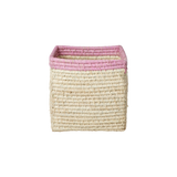 Small Square Raffia Storage Basket with a Pink Top
