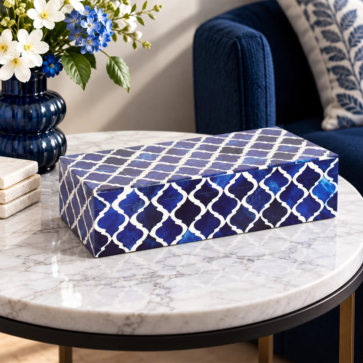 Moroccan Blue & White Resin & Bone Inlay Decorative Storage Box — (7 Sizes)