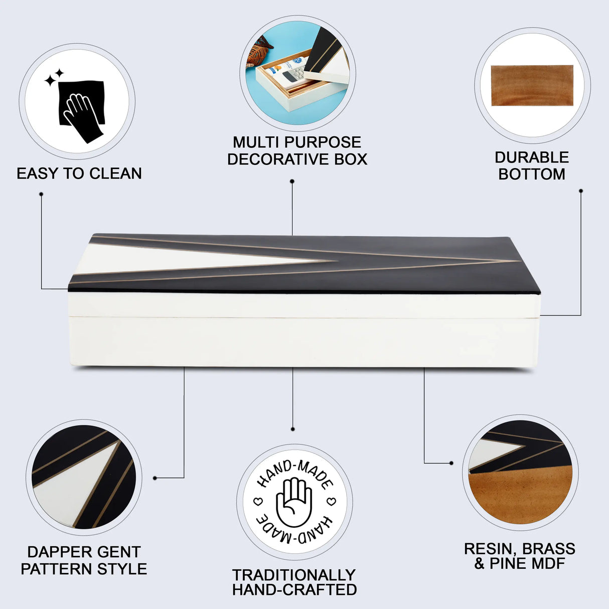 Kept Dapper Gent Pattern Decorative Storage Box, Resin Inlay in 7 Sizes, Black & White