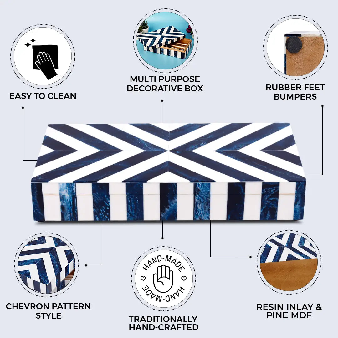 Chevron Pattern Decorative Storage Box, Bone Inlay in 6 Sizes, Blue & White