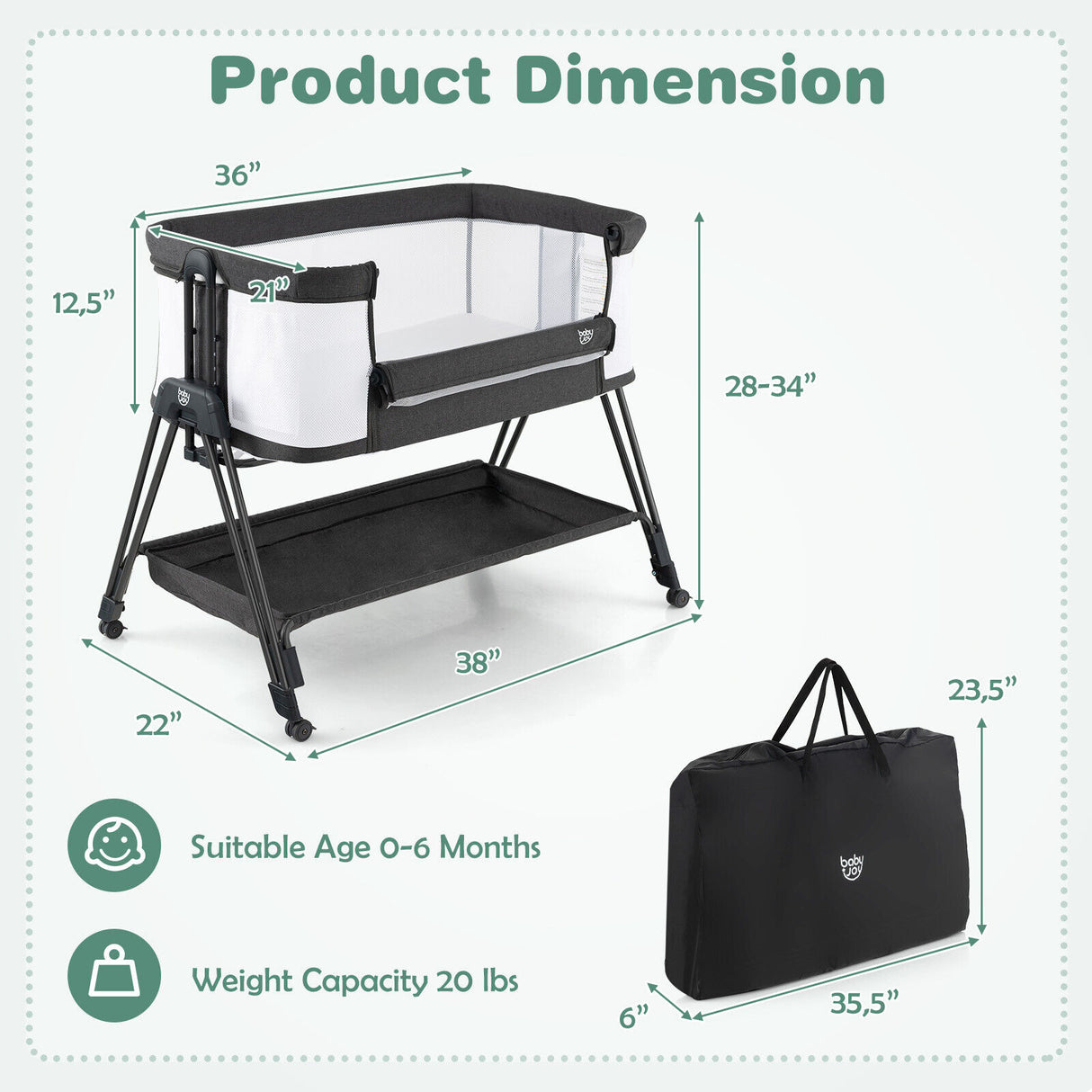 Portable Bedside Sleeper for Baby with 7 Adjustable Heights