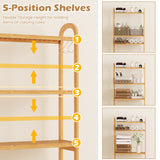 3-Tier Bamboo Bathroom Floor Organizer with 5-Position Shelves and 3 Hooks-Natural