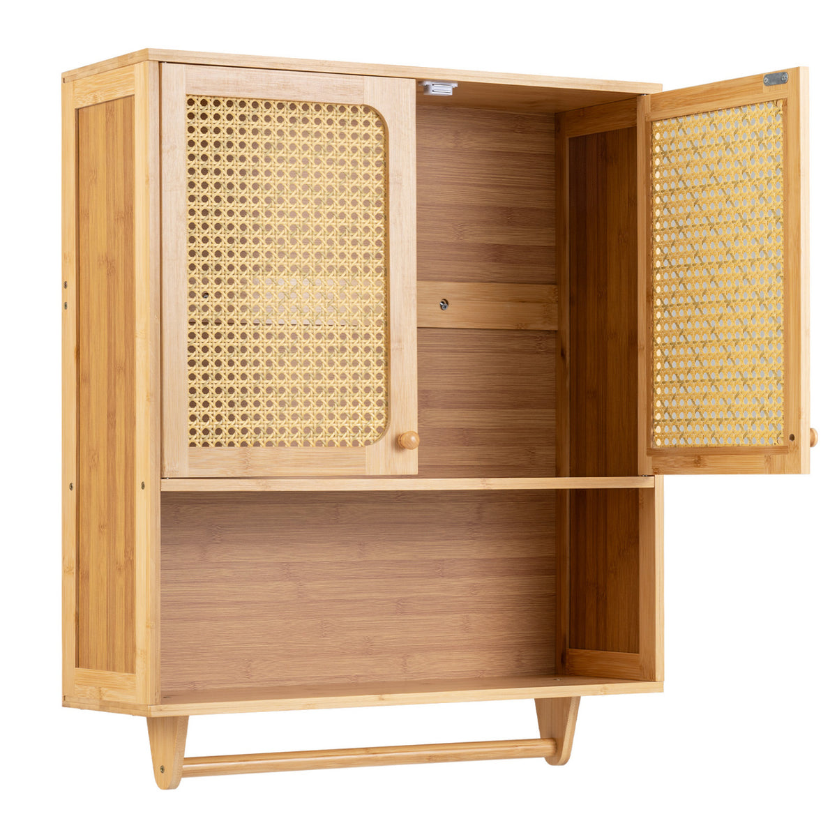 Bamboo Bathroom Wall Cabinet with Towel Rack and Ventilated Doors-Natrual