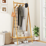 Bamboo Clothes Rack with Hanging Rod Rattan Shelf and Copper Hooks