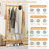 Bamboo Clothes Rack with Hanging Rod Rattan Shelf and Copper Hooks