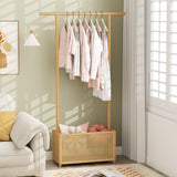 Bamboo Clothes Rack with Rattan Storage Basket and Wheels
