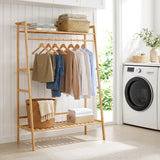 Bamboo Clothing Garment Rack Freestanding Open Wardrobe Organizer with Hanging Rod-Natural