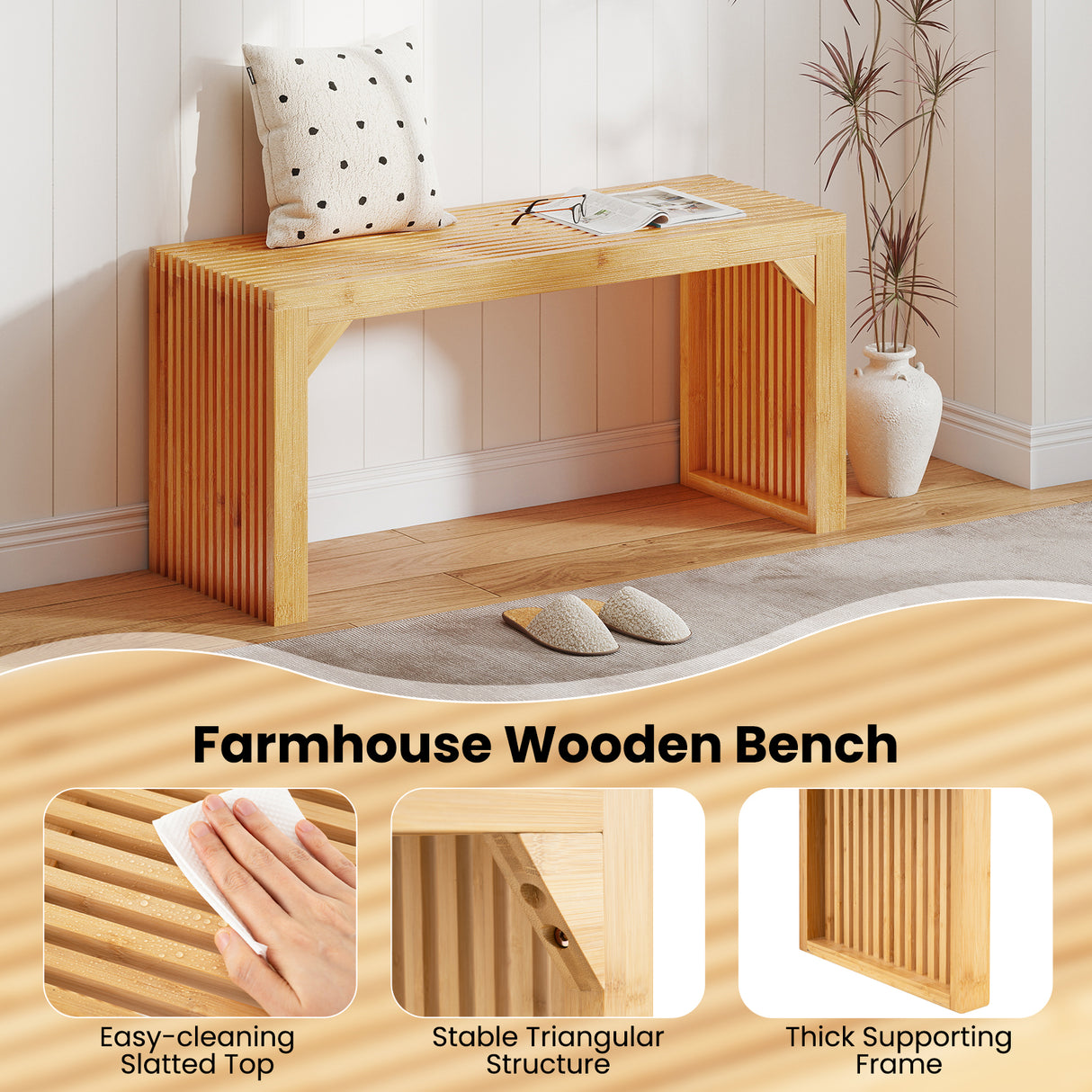 Bamboo Dining Bench Long Entryway Bench  Indoor Outdoor Solid Wood Bench-Natural