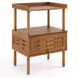 Bamboo Rattan Nightstand with Raised Edge Flip-Up Door and Open Shelf-Walnut