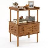 Bamboo Rattan Nightstand with Raised Edge Flip-Up Door and Open Shelf-Walnut
