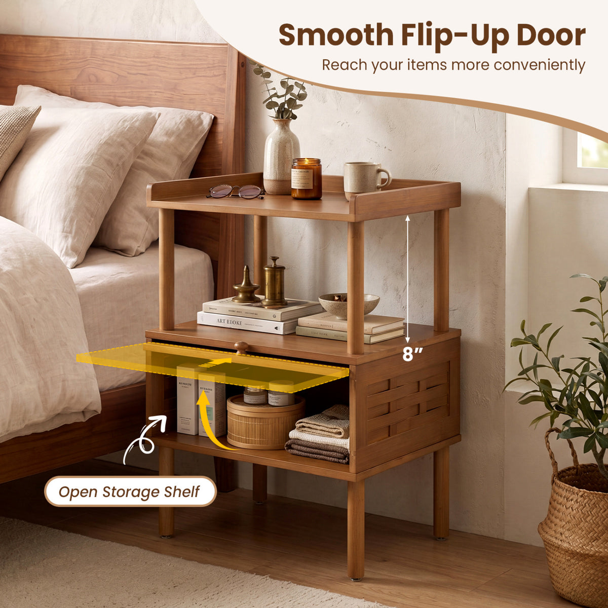 Bamboo Rattan Nightstand with Raised Edge Flip-Up Door and Open Shelf-Walnut