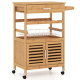 Bamboo Rolling Kitchen Island Trolley with Storage Cabinet and Wine Rack-Natural