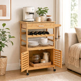 Bamboo Rolling Kitchen Island Trolley with Storage Cabinet and Wine Rack-Natural
