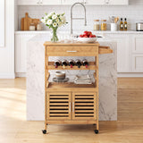 Bamboo Rolling Kitchen Island Trolley with Storage Cabinet and Wine Rack-Natural