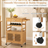 Bamboo Rolling Kitchen Island Trolley with Storage Cabinet and Wine Rack-Natural