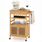 Bamboo Rolling Kitchen Island Trolley with Storage Cabinet and Wine Rack-Natural