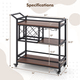 3-tier Bar Cart on Wheels Home Kitchen Serving Cart with Wine Rack and Glasses Holder