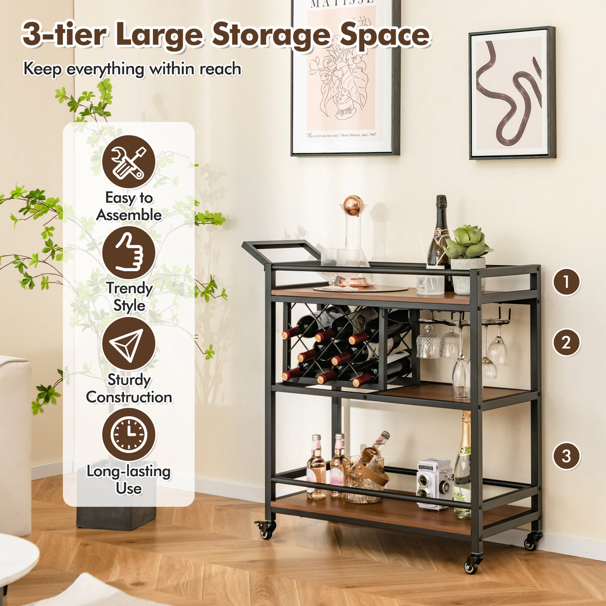 3-tier Bar Cart on Wheels Home Kitchen Serving Cart with Wine Rack and Glasses Holder