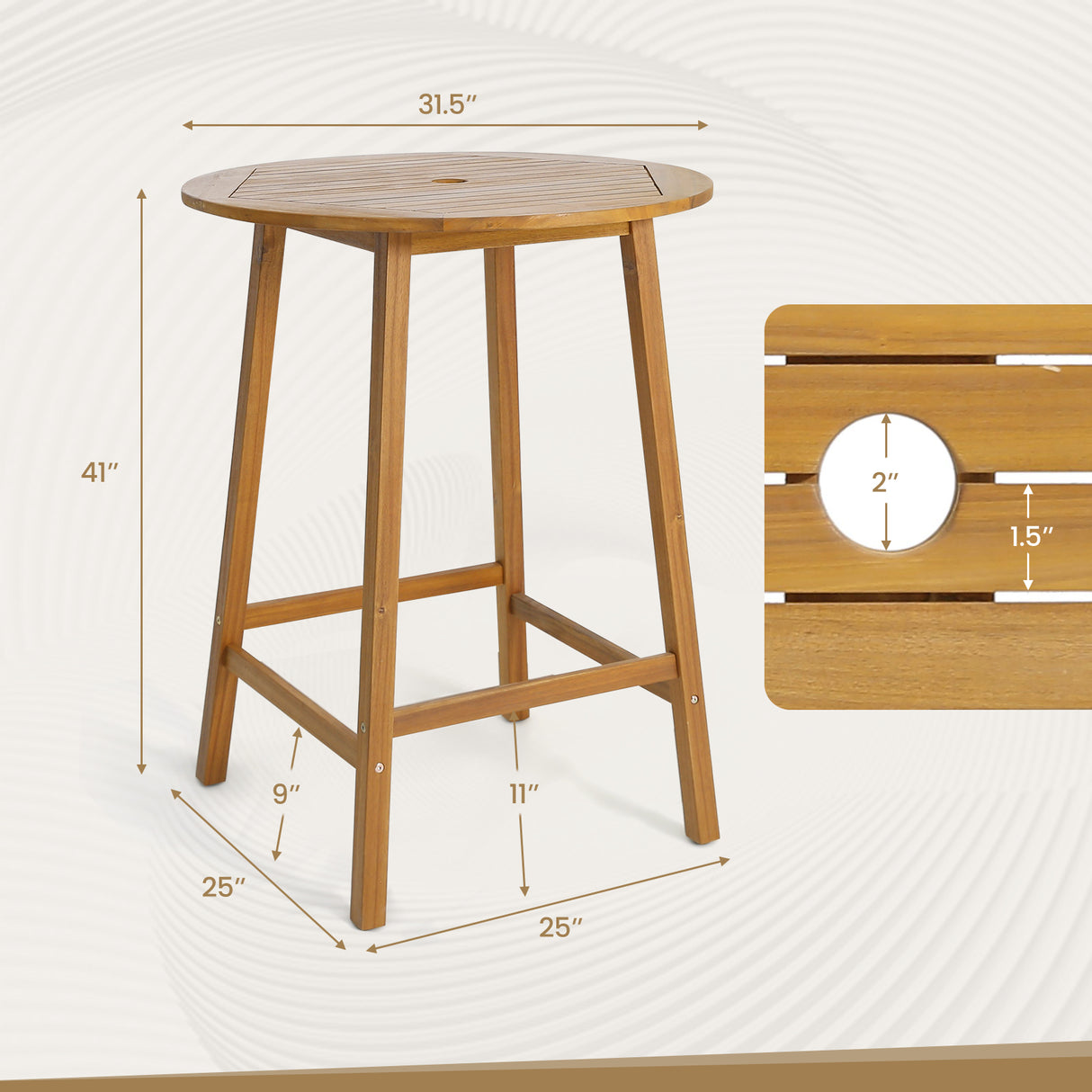 Bar Height Table with Umbrella Hole and Slatted Tabletop for Outdoors