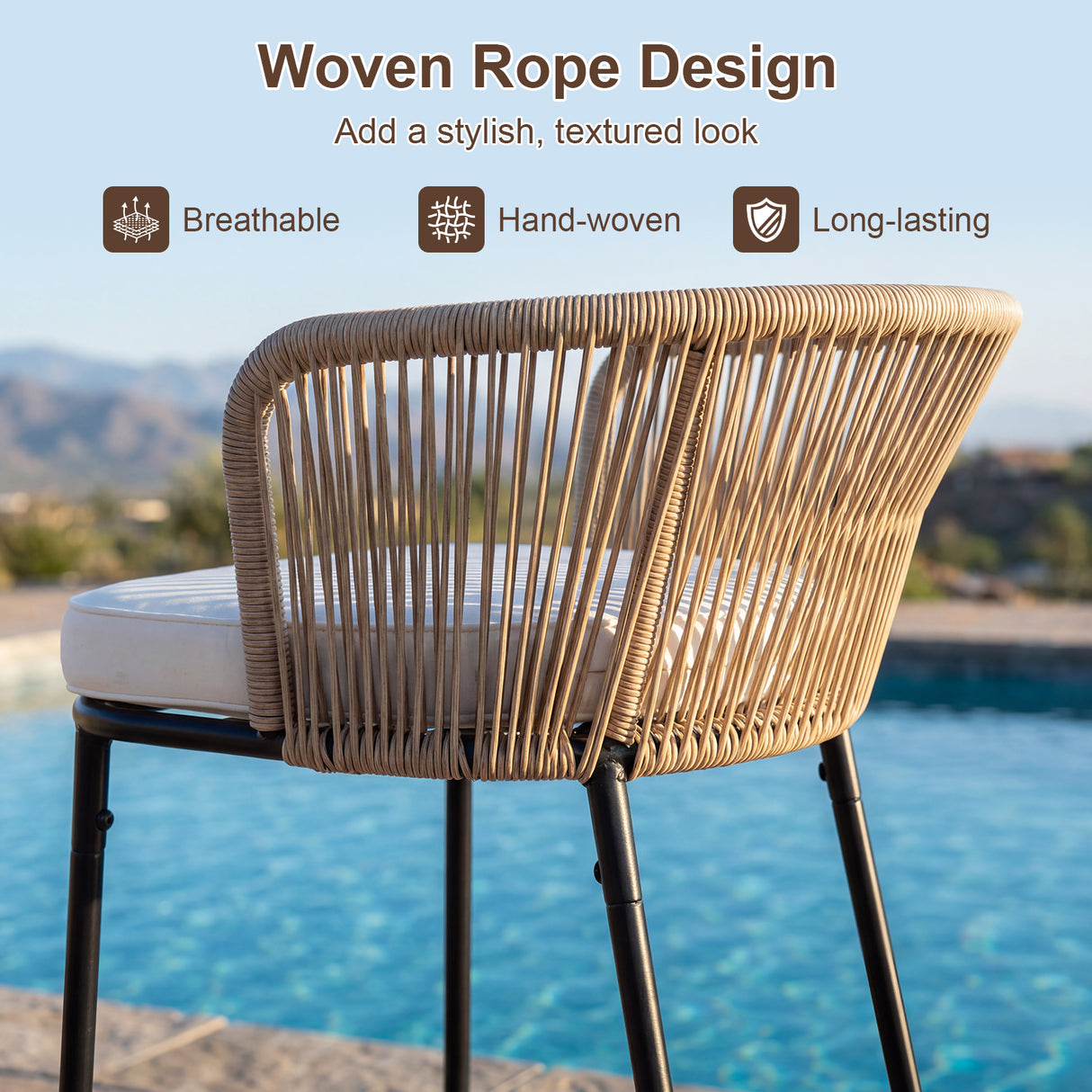 Bar Height Woven Rope Patio Chairs Set of 2-White