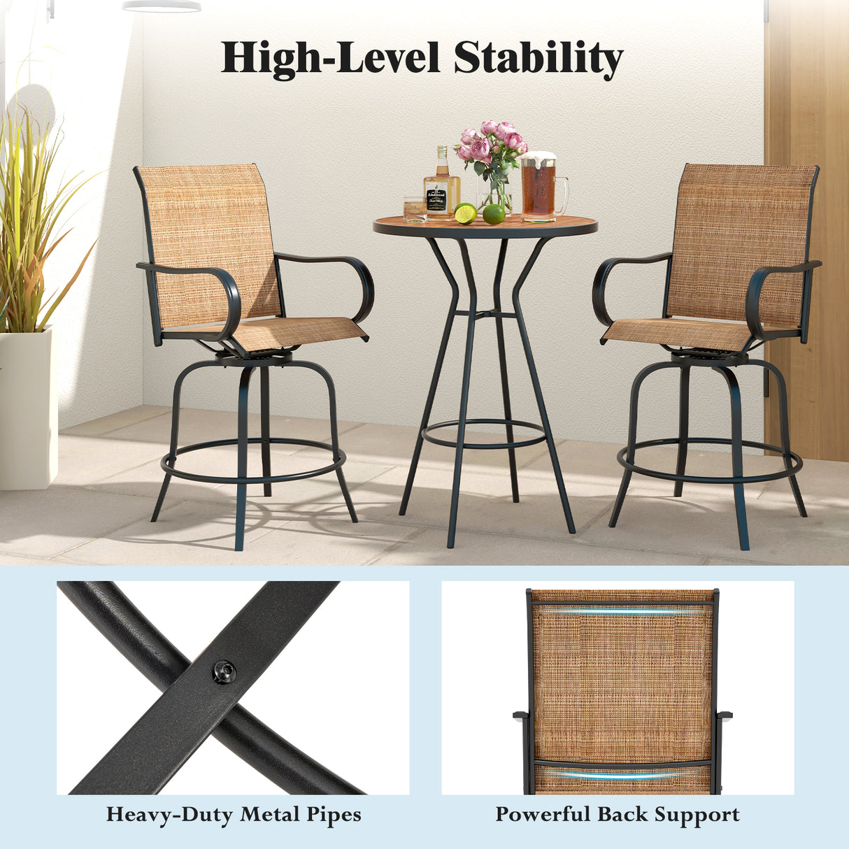 2 Pieces Patio 360 Rotation Swivel Bar Stool Set