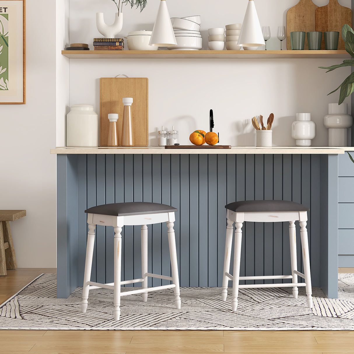 24 Inch Bar Stool Set of 2 with Padded Seat Cushions and Wood Legs