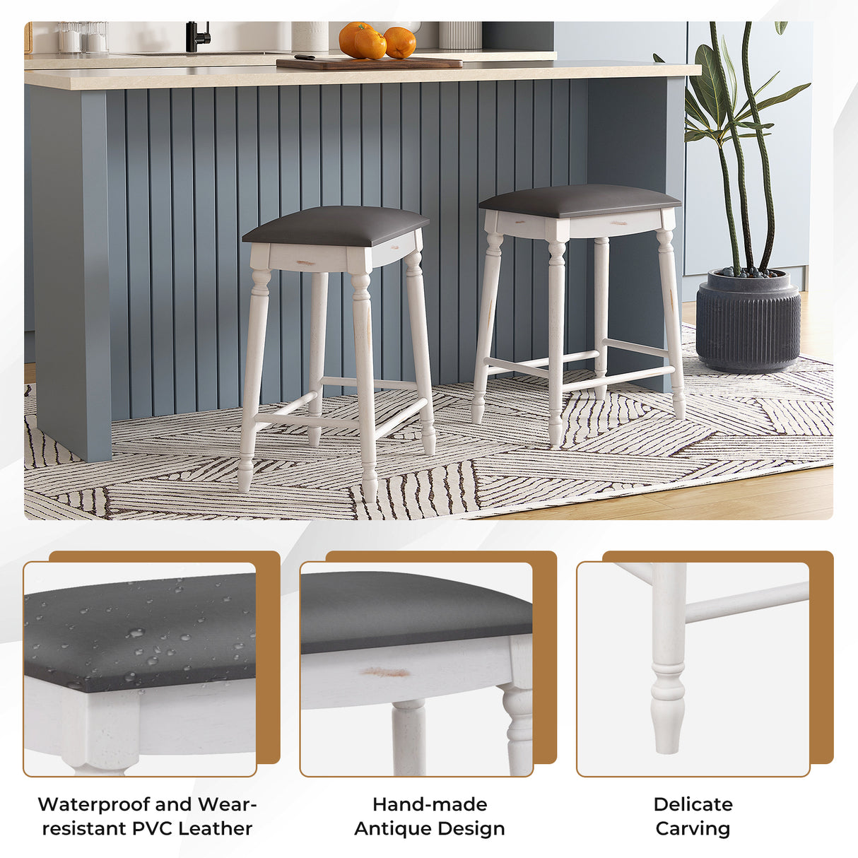 24 Inch Bar Stool Set of 2 with Padded Seat Cushions and Wood Legs