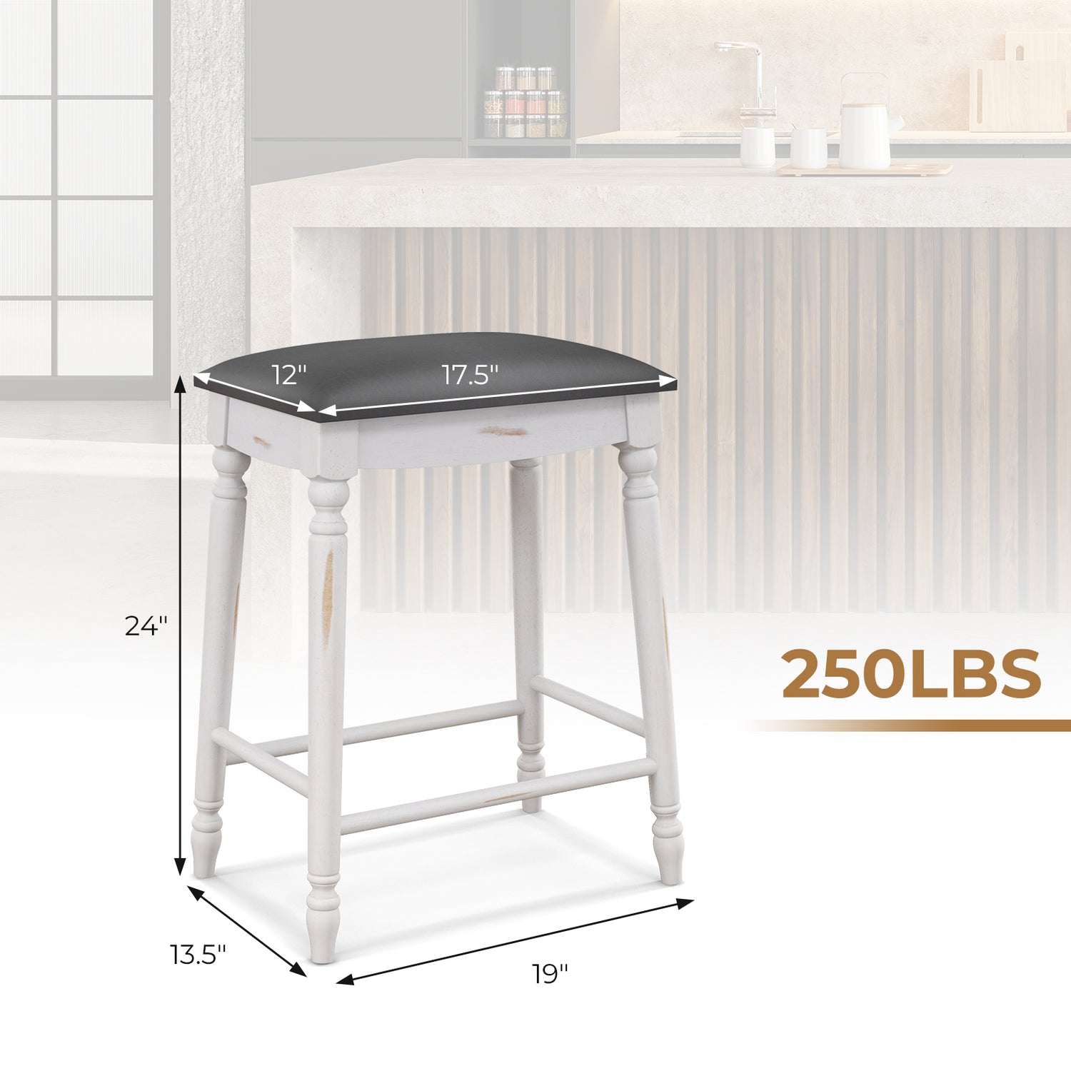 24 Inch Bar Stool Set of 2 with Padded Seat Cushions and Wood Legs