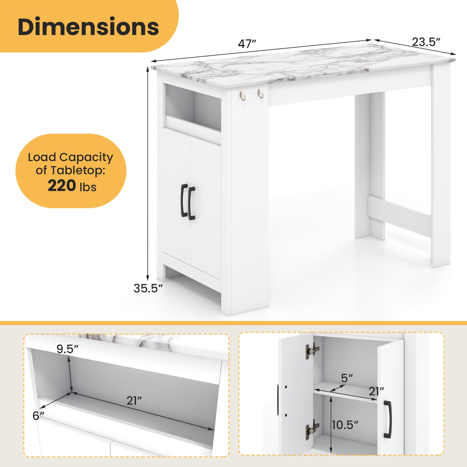 Bar Table Faux Marble Pub Table with 7 Hanging Hooks Compartment-White