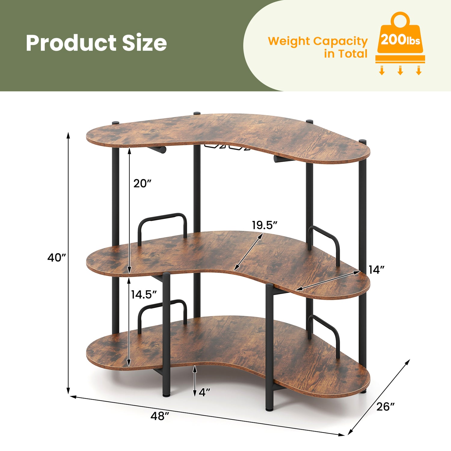 3-Tier Liquor Bar Table with Stemware Racks and Storage Shelves