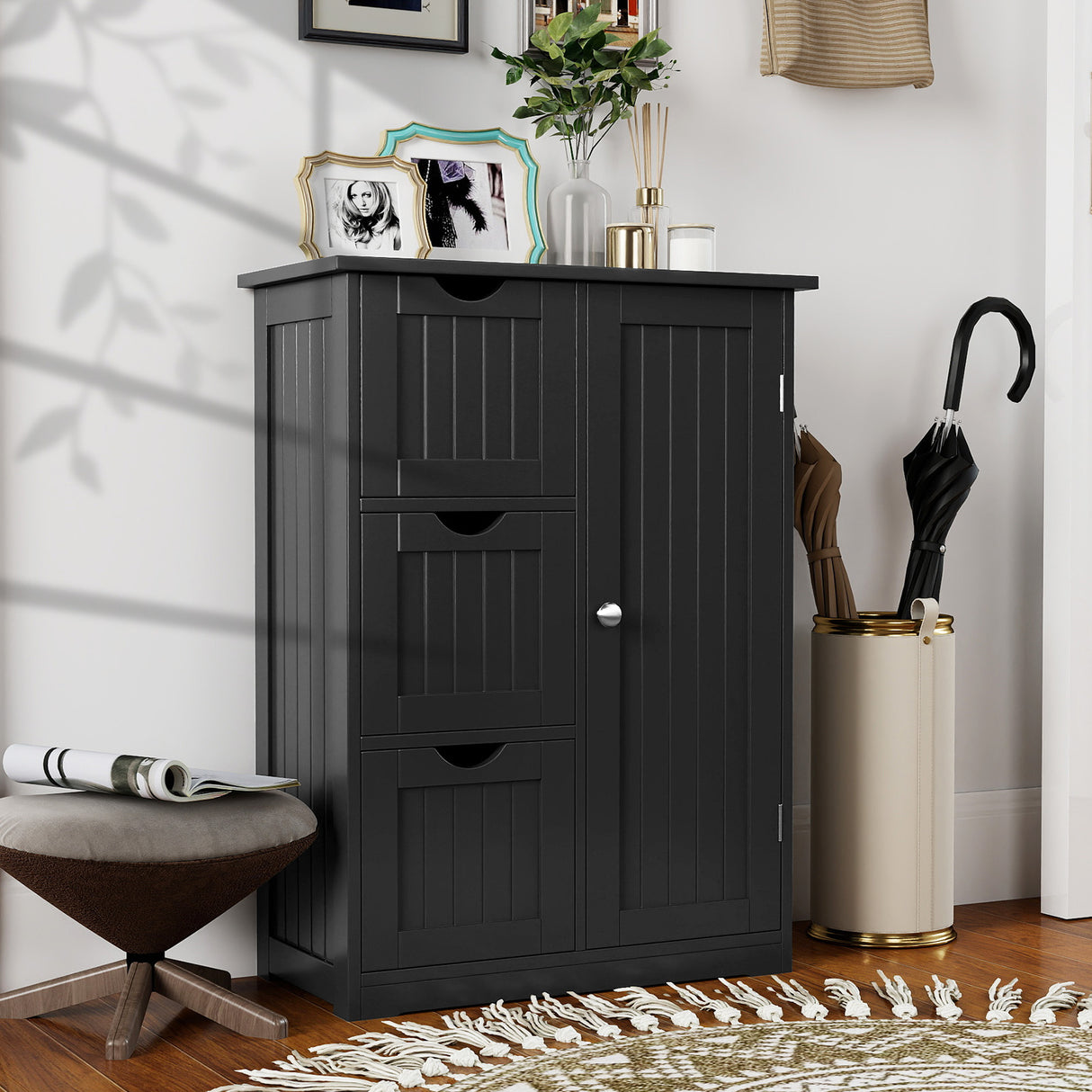 Bathroom Floor Cabinet Side Storage Cabinet with 3 Drawers and 1 Cupboard