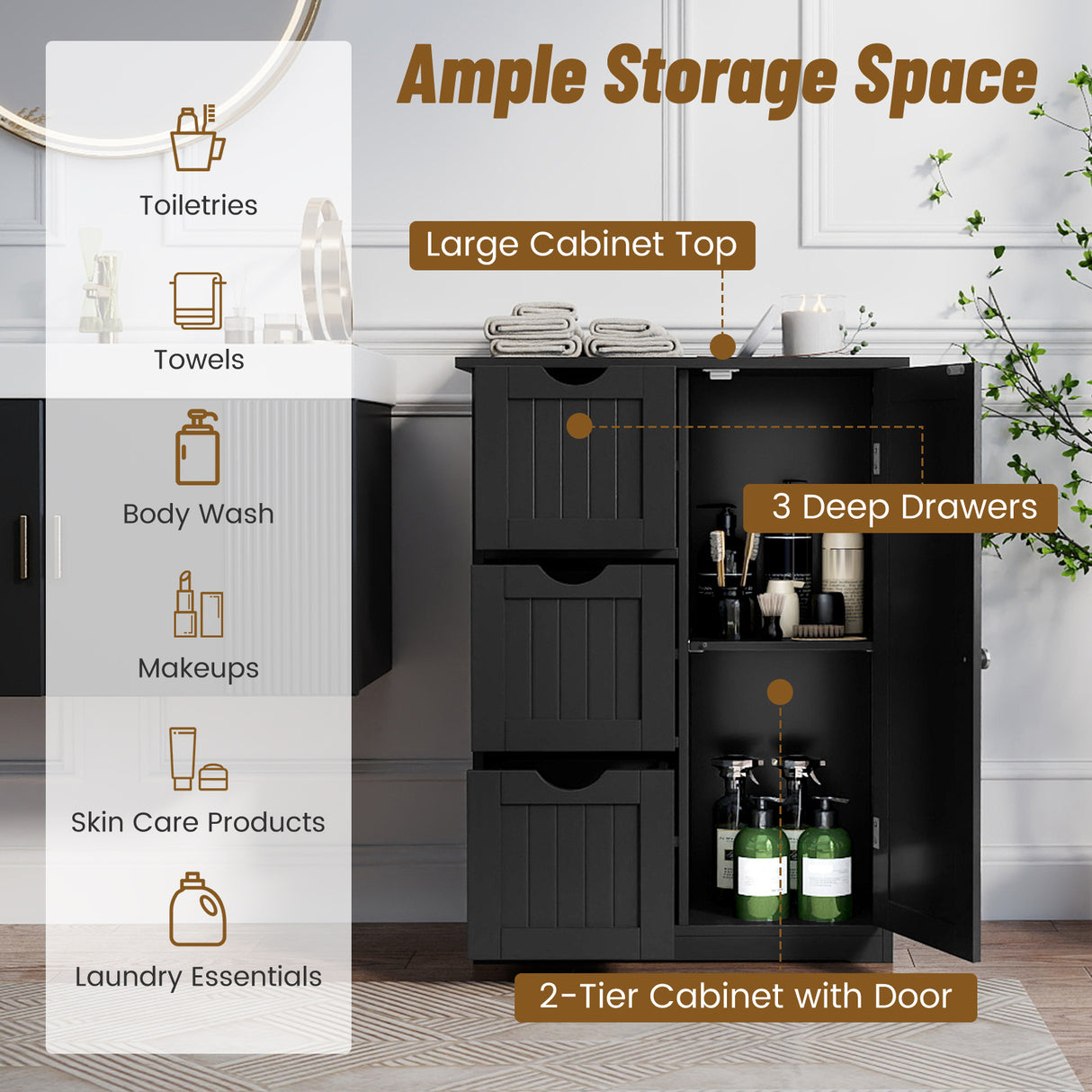 Bathroom Floor Cabinet Side Storage Cabinet with 3 Drawers and 1 Cupboard