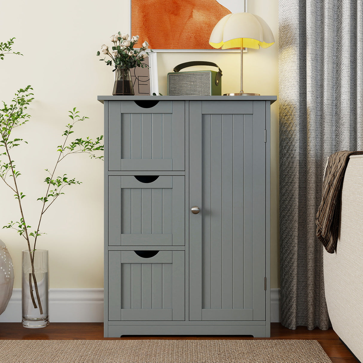 Bathroom Floor Cabinet Side Storage Cabinet with 3 Drawers and 1 Cupboard