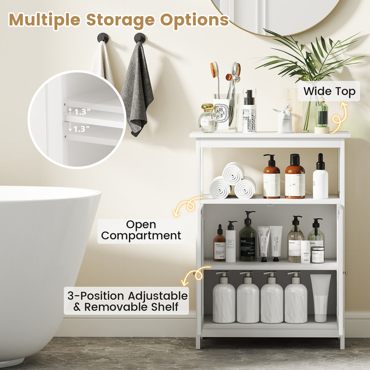 Bathroom Floor Cabinet Freestanding Storage Organizer with Open Compartment