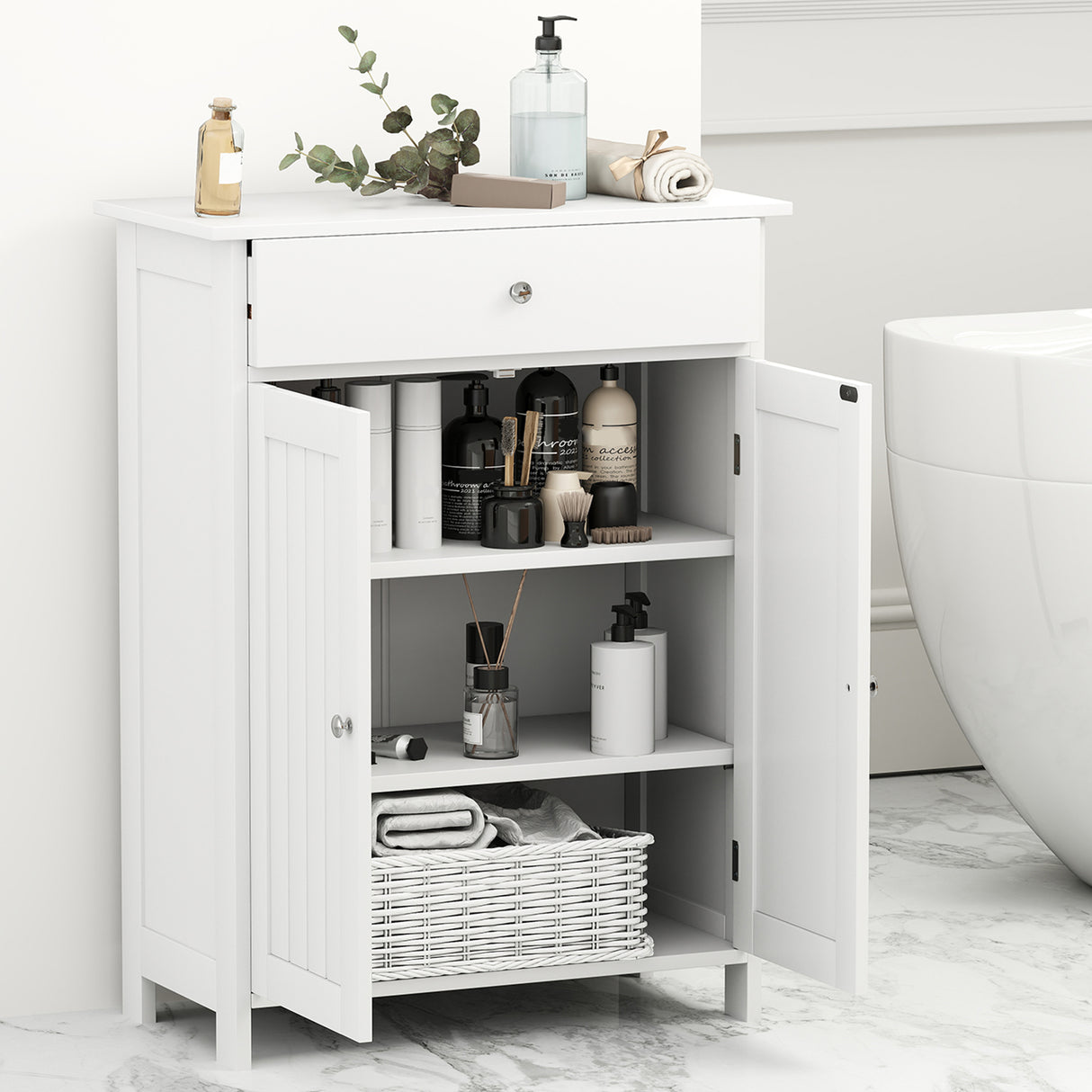 Bathroom Floor Cabinet Freestanding Storage Organizer with 2 Doors