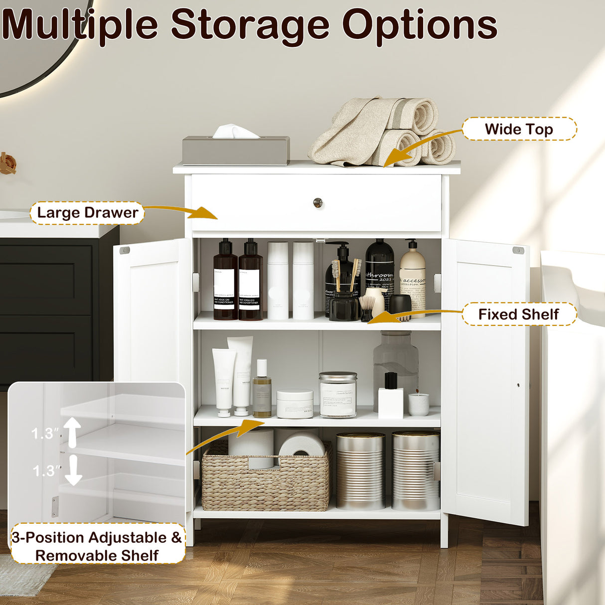 Bathroom Floor Cabinet Freestanding Storage Organizer with 2 Doors