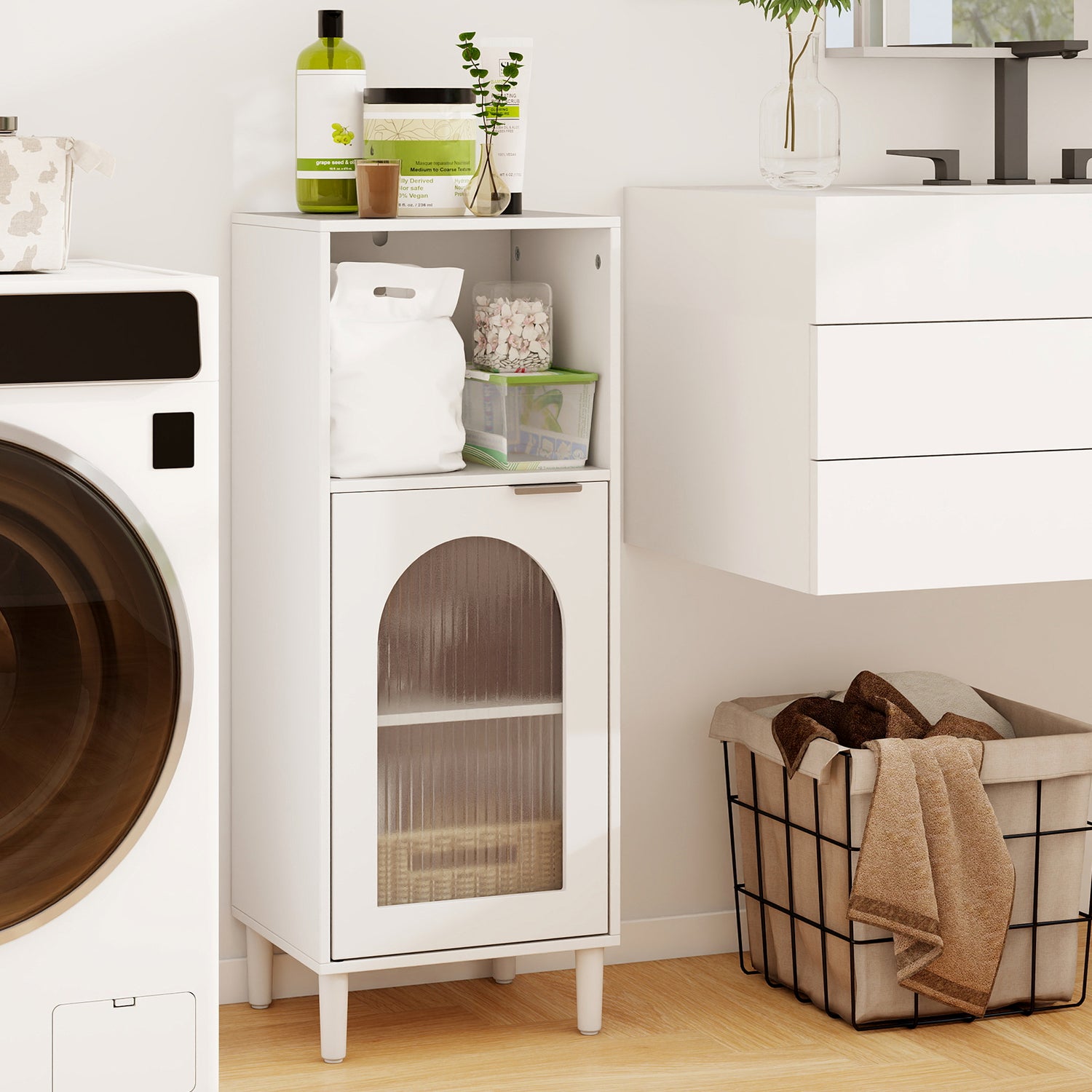 Bathroom Floor Cabinet Wood Side Storage Organizer with Adjustable Shelf-White