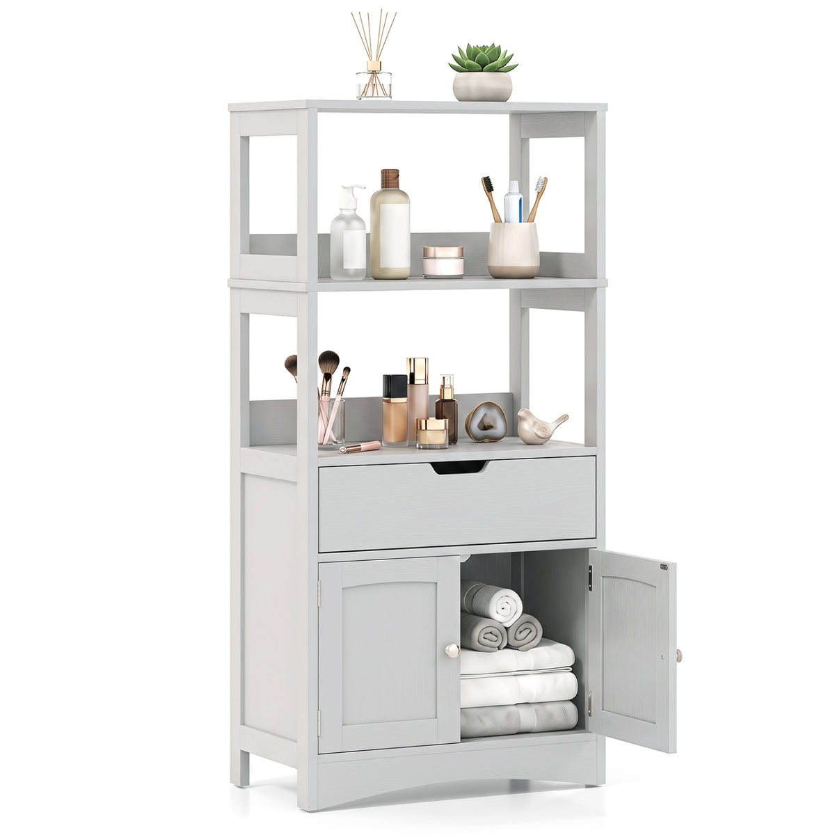 Bathroom Storage Cabinet with Open Shelves and Drawer