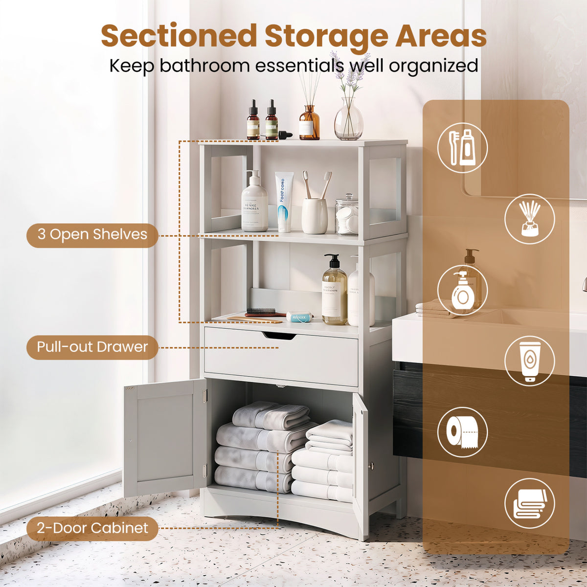 Bathroom Storage Cabinet with Open Shelves and Drawer