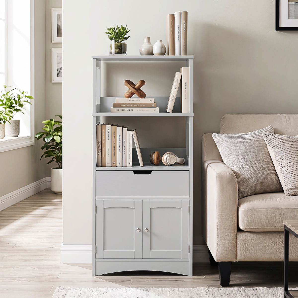 Bathroom Storage Cabinet with Open Shelves and Drawer